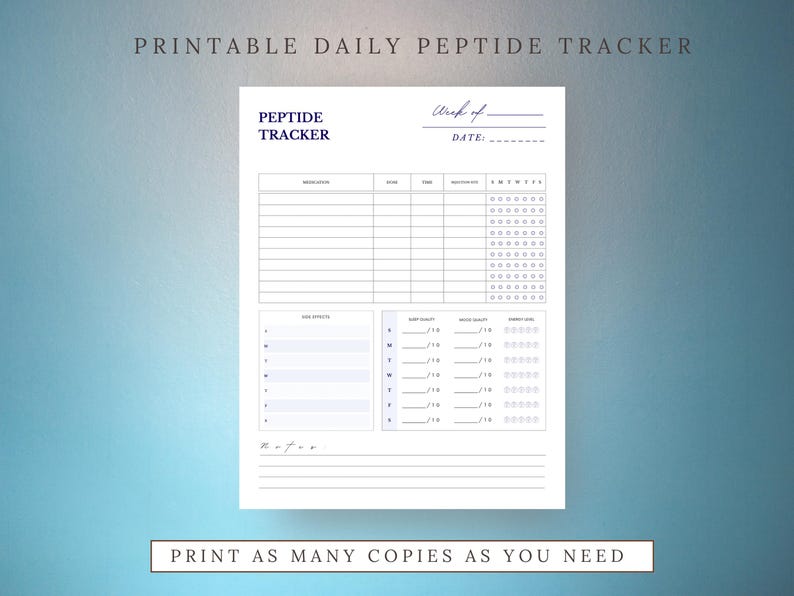 Blue Peptide Tracker Printable | Weekly Medication Log, GLP-1 Injection ...