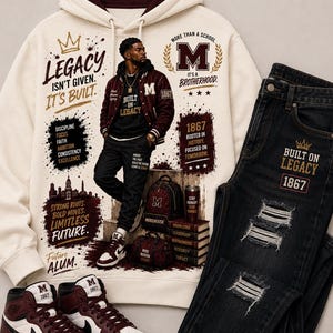 May include: A cream-colored hoodie featuring a graphic print of a person in a maroon jacket, along with text including "Legacy isn't given. It's built." and "More than a school, it's a brotherhood." Paired with distressed black jeans and maroon and white sneakers.