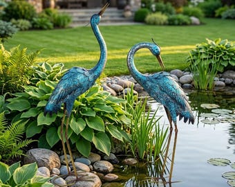 2 pcs Large Metal Crane Garden Statue Outdoor Yard Art, Handcrafted Blue Heron Sculpture for Lawn, Weatherproof Coastal Lifelike Bird Decor
