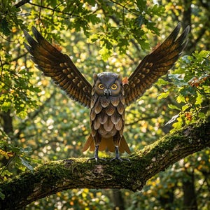 May include: A metal owl sculpture with outstretched wings, perched on a moss-covered tree branch. The owl has brown and bronze feathers, yellow eyes, and is set against a backdrop of green foliage.