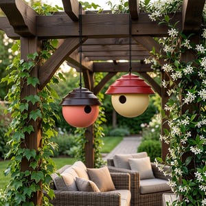 May include: Two spherical birdhouses hanging from a wooden pergola. The left birdhouse has a dark brown tiered roof and a coral-coloured base. The right birdhouse features a red tiered roof and a cream-coloured base, each with a circular entry hole.