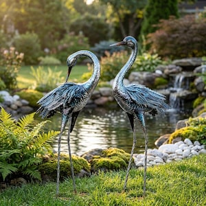 2 pcs Large Metal Crane Garden Statue Outdoor Yard Art, Handcrafted Blue Heron Sculpture for Lawn, Weatherproof Coastal Lifelike Bird Decor