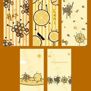 May include: Six vertical illustrations in yellow and orange, featuring cartoon lemons, honeycombs, and the text "Hex" and "Leni". The designs have a playful, whimsical style. The illustrations are suitable for various decorative purposes.
