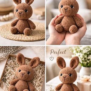 May include: Handcrafted crochet bunny in shades of brown. The plush toy has large ears, a round body, and small arms and legs. The bunny is shown in multiple settings, including a gift box and held in hands.