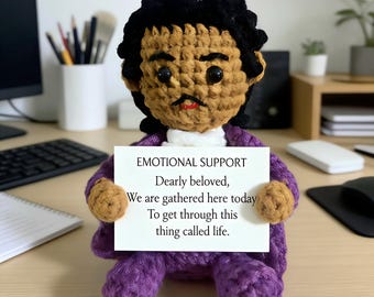 Prince Inspired Handmade Crochet Doll, Purple Music Legend with Ruffled Neck, Amigurumi Desk Decor Gift