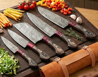 Hand Forged Damascus Steel Chef Knife Set, Kitchen Knives | Chef Knive Set, Handmade 5 Pcs Luxury Damascus Knife Gift for him, Gifts for her