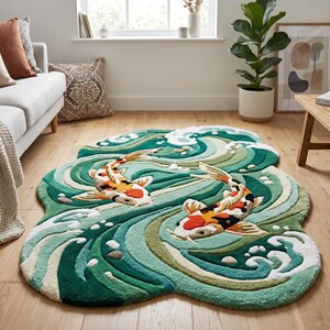 Koi Fish Rug, Japanese Wave Tufted Rug,Handmade Area Rug, Ocean Inspired Carpet, Aesthetic Green Rug, Living Room Decor, Unique Designer Rug