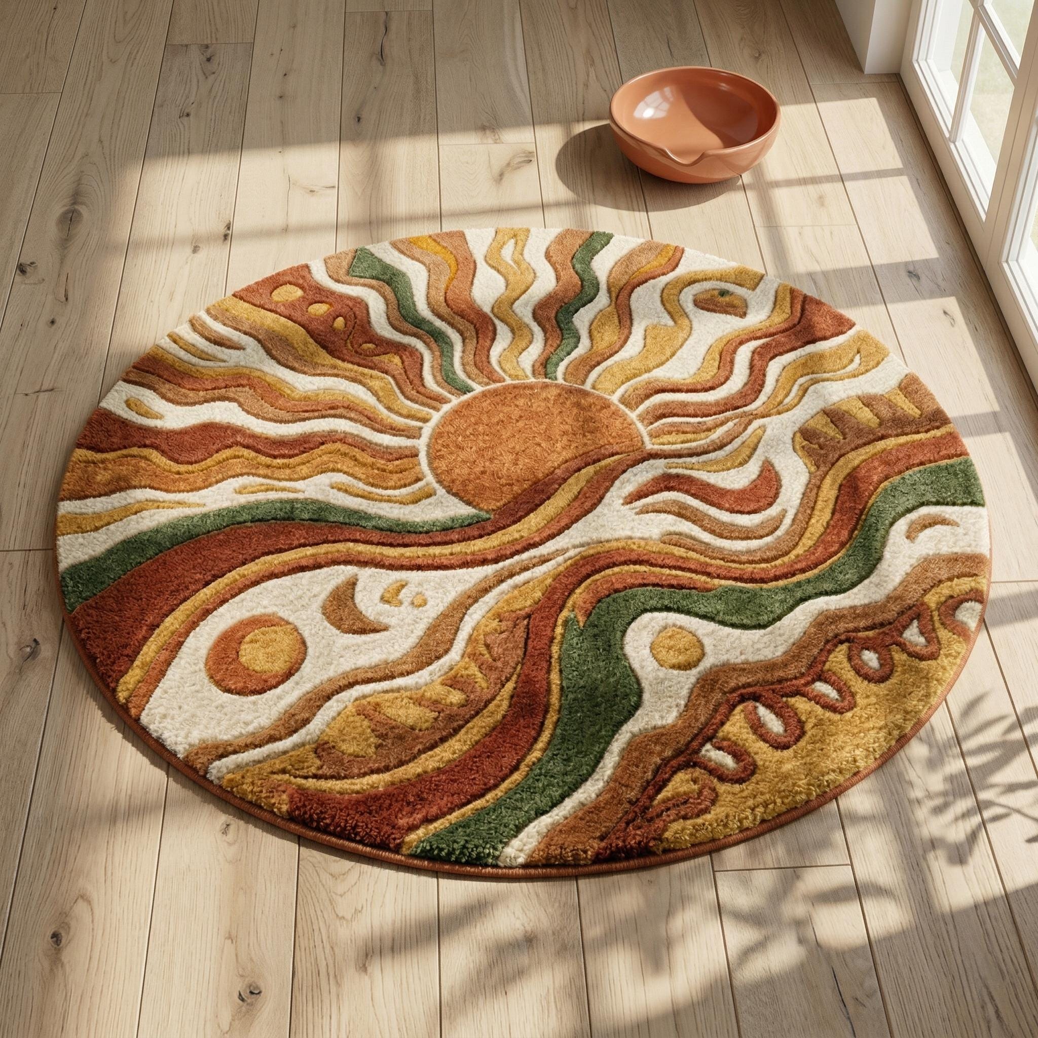 Boho Sun Rug Round Shape | Tufted Wool Carpet | Abstract Art Living ...