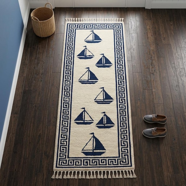 Nautical Sailboat Runner Rug | Tufted Coastal Hallway Decor
