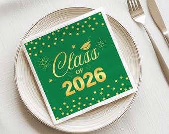 Class of 2026 Graduation Napkins | Forest Green Gold Party Supplies (Luncheon Size)
