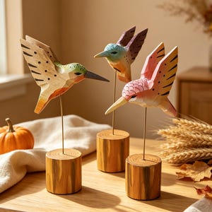 May include: Three hand-carved wooden hummingbird figurines mounted on thin metal rods and cylindrical wood bases. The birds feature painted details in shades of green, orange, pink, and brown with visible wood grain textures and dark wing markings.