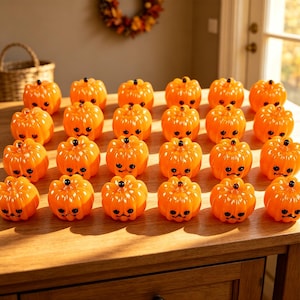 May include: A collection of twenty-four small, bright orange glass pumpkins arranged in a grid on a wooden surface. Each pumpkin features a glossy finish, vertical ridges, and a simple, hand-painted black face with two eyes and a small mouth.