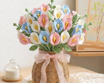 Handmade Crochet Calla Lily, Crochet Flower Bouquet, Forever Flower Gift, Blue Pink White Flowers, Wedding Gift, Mother’s Day