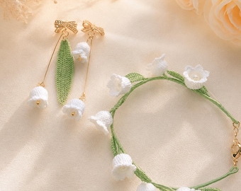 Gehaakte lelietje-van-dalen huwelijkssieraden, bruidsoorbellen en armband, handgemaakte kantbloem, cadeau bruidsmeisje, bruiloft corsage set
