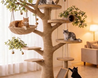 Árbol para gatos de madera auténtica, torre estética para gatos con cesta colgante, mueble grande de lujo para gatos, condominio alto único para gatos, gimnasio para gatos hecho a mano