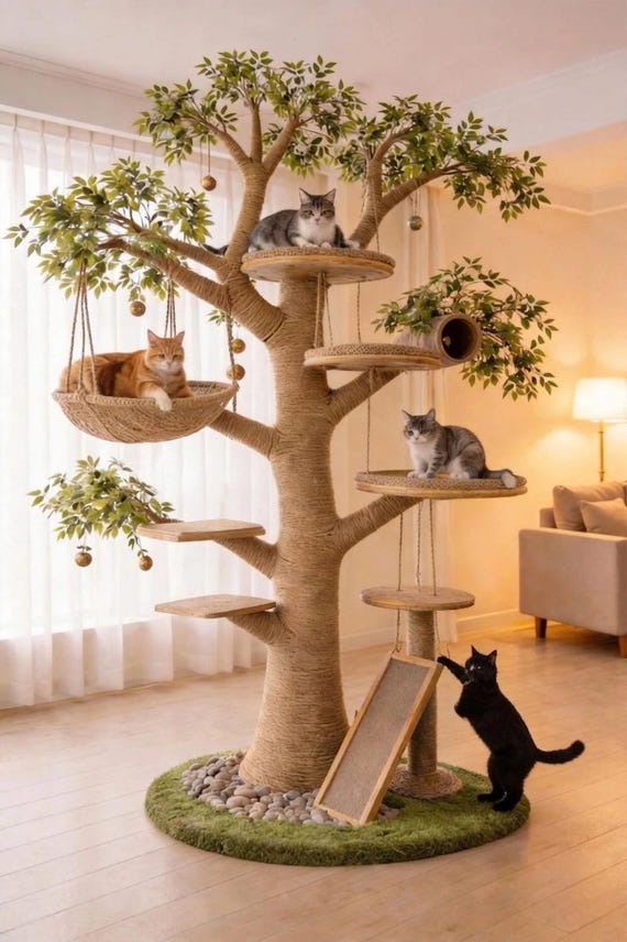 Real Wood Cat Tree, Aesthetic Forest Cat Tower with Hanging Basket, Large Luxury Cat Furniture, Unique Tall Cat Condo, Handcrafted Cat Gym