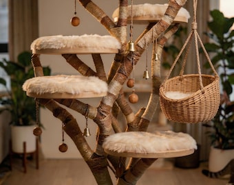 Custom Cat Tree with Weighted Pillar Base, Aesthetic AI Design Cat Tower, Luxury Real Wood Gym, Unique Large Solid Wood Pet Furniture Art