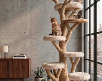 Custom Extra Tall Cat Tree with Weighted Base, Aesthetic AI Design Cat Tower, 220cm/87" Luxury Real Wood Gym, Unique Large Pet Furniture Art