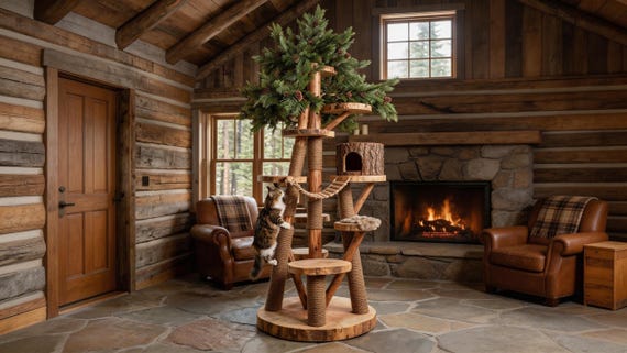 Rustic Log Cabin Cat Tree, Real Bark Texture Cat Tower with Pine Cones Sturdy Solid Wood Cat Condo, Heavy Duty Tall Cat Gym Unique Pet House