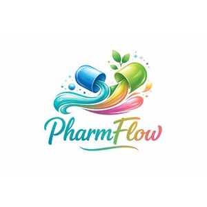 May include: A vibrant logo with a blue and a green pill capsule, each dispensing a flow of rainbow-coloured liquid. The word "PharmFlow" is written in a gradient font below the capsules.