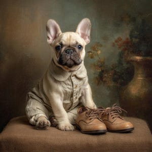 以下が含まれることがあります： ベージュ色のフレンチブルドッグの子犬が、ボタン付きのシャツとズボンを着用し、お揃いの襟が付いています。子犬は、茶色の表面に座っており、茶色の革靴と靴紐が並んでいます。背景はヴィンテージスタイルの絵画です。