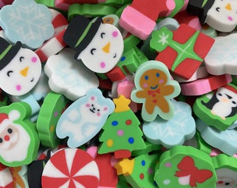 Christmas Mini Erasers Set, Holiday Tree Santa Snowman Erasers, Classroom Rewards, Party Favors, Stocking Stuffers, Mini Erasers Co.