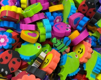 Assorted Mini Erasers Set, Fish Ladybug Bee Flower Heart Star Erasers, Classroom Reward, Math Counter, Sensory Bin Fillers, Mini Erasers Co.