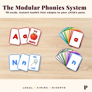 May include: Educational flashcards for The Modular Phonics System. The cards feature the letters A and N, with corresponding images of an apple and a net. The text on the cards includes "apple" and "net". The cards are arranged on a wooden surface.