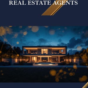 Op de afbeelding: Een donkerblauwe afbeelding met de tekst "AI WORKFLOWS FOR REAL ESTATE AGENTS" en "2026 EDITION". De afbeelding toont een modern huis 's nachts met lichten en een gouden accent.