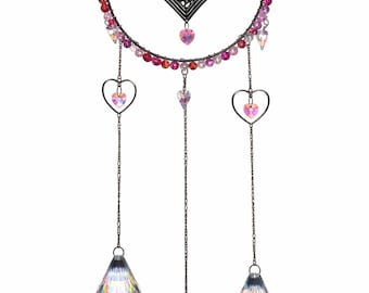 Handmade Heart Suncatcher: Rainbow Crystal Prism, Pink Purple Beaded Suncatcher