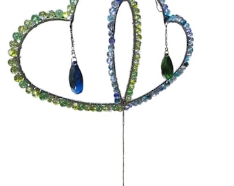 Handmade Intertwined Hearts Suncatcher: Blue Green Crystal Rainbow Sparkle