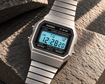 Custom Silver Casio F91W " Arctic Steel" Blue cyan filter , Stainless Steel Band