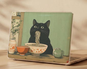Funny Black Cat MacBook Case, Cat Eating Noodles Laptop Cover, Ramen Cat Laptop Case, Japanese Cat Sleeve, MacBook Air & Pro 13 14 15 16