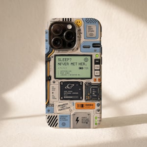 Könnte beinhalten: Eine Handyhülle mit einem komplexen, mehrschichtigen Grafikdesign in einer hellblauen, weißen und grauen Farbpalette. Der Druck enthält verschiedene technische Symbole, Textelemente wie 'SLEEP? NEVER MET HER.' und kleine Zeichen.