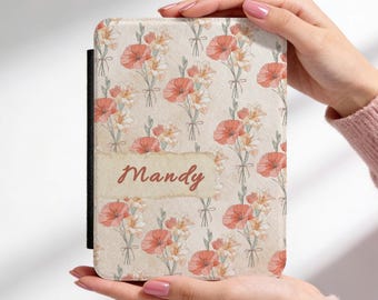 Personalized August Birth Flower Kindle Case, Custom Name Gladiolus & Poppy Cover, Kindle Paperwhite 2024 12th Gen 7, Colorsoft Signature