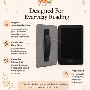May include: A black Kindle e-reader inside a grey protective case with a black hand strap. The image includes text: Designed For Everyday Reading, Magnetic Sleep & Wake Cover, Comfortable Hand Strap, Protective Interior Shell, and Precision Fit.