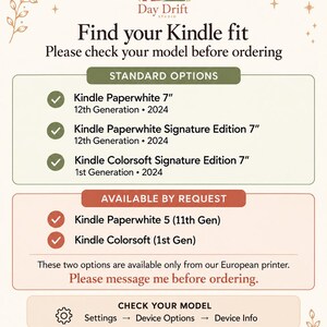May include: An informational chart titled Find your Kindle fit from Day Drift Studio. It lists standard options for Kindle Paperwhite 7 inch 12th Gen 2024, Signature Edition 7 inch 12th Gen 2024, and Colorsoft Signature Edition 7 inch 1st Gen 2024.