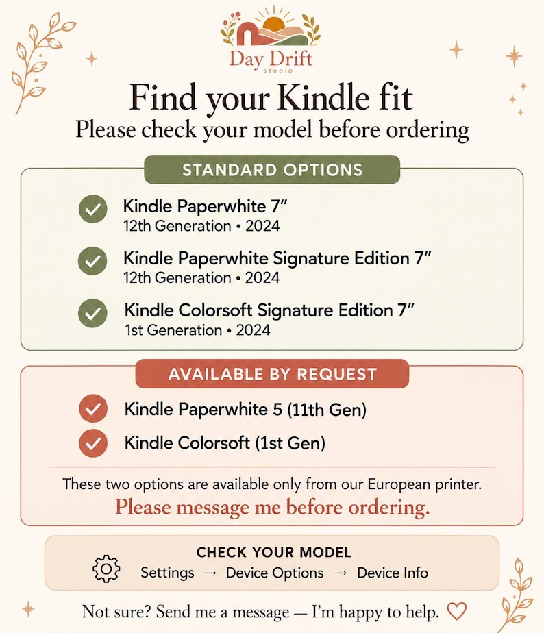 May include: An informational chart titled Find your Kindle fit from Day Drift Studio. It lists standard options for Kindle Paperwhite 7 inch 12th Gen 2024, Signature Edition 7 inch 12th Gen 2024, and Colorsoft Signature Edition 7 inch 1st Gen 2024.