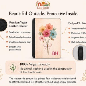 May include: A Kindle case with a beige background featuring a bouquet of pink, orange, and blue flowers tied with a bow. The initials BH are printed in red in the bottom right corner. The case has a black spine and a black hand strap on the back.