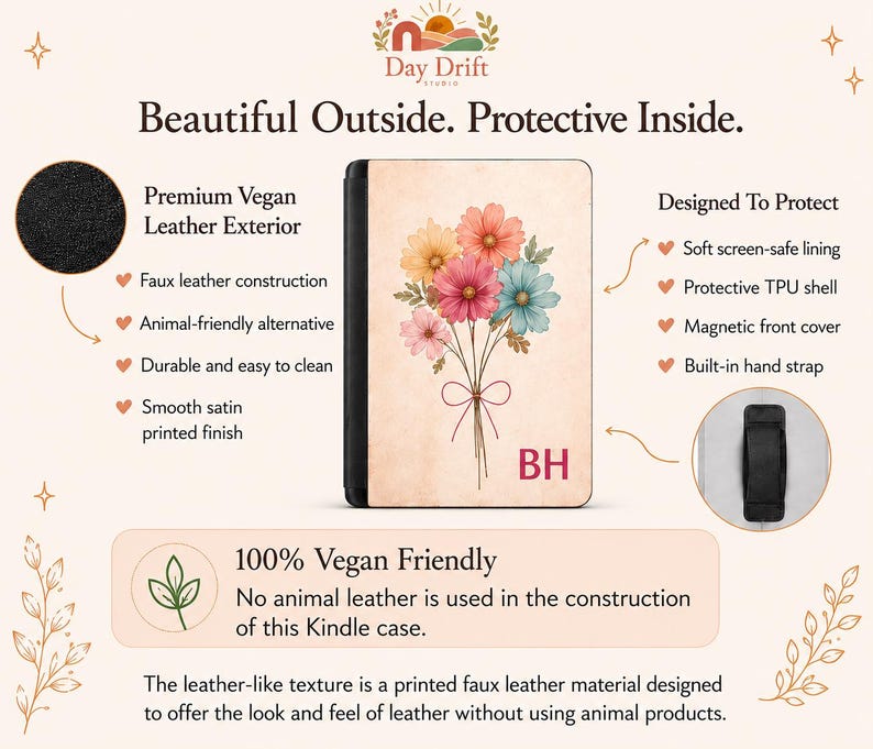 May include: A Kindle case with a beige background featuring a bouquet of pink, orange, and blue flowers tied with a bow. The initials BH are printed in red in the bottom right corner. The case has a black spine and a black hand strap on the back.