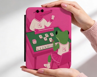 Mahjong Kindle Case, Cute Frog & Crocodile Mahjong Cove, Pink Game Night Kindle Case, Kindle Paperwhite 2024 12th Gen 7, Colorsoft Signature