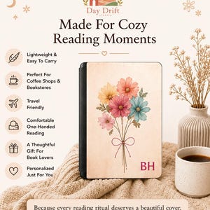 May include: A rectangular e-reader cover featuring a cream-colored background with a central bouquet of pink, yellow, and blue flowers tied with a thin red ribbon. The letters BH are printed in red in the bottom right corner of the cover.