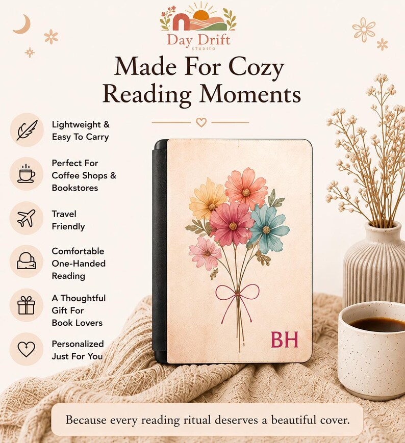 May include: A rectangular e-reader cover featuring a cream-colored background with a central bouquet of pink, yellow, and blue flowers tied with a thin red ribbon. The letters BH are printed in red in the bottom right corner of the cover.