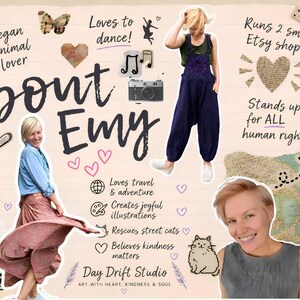 May include: A collage titled About Emy featuring text, illustrations, and photographs. It includes images of a person in a blue shirt and pink skirt, a person in dark blue overalls, and a portrait. Graphics include a spoon, camera, hearts, and stars.