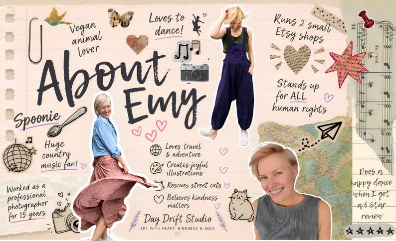 May include: A collage titled About Emy featuring text, illustrations, and photographs. It includes images of a person in a blue shirt and pink skirt, a person in dark blue overalls, and a portrait. Graphics include a spoon, camera, hearts, and stars.