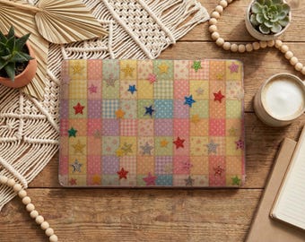 Pastel Faux Patchwork Star MacBook Case, Faux Quilted Laptop Cover, Kawaii Cottagecore Soft Girl Aesthetic, MacBook Air & Pro 13 14 15 16