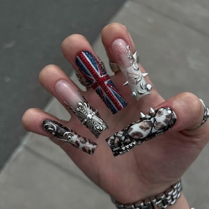 Union Jack Punk Nails | Chrome Gothic Studded Design | Long Square Press On Set