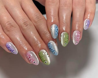 Colorful Fish Hand Painted Press On Nails | Glossy Almond Shape | Handmade Artistic Nail Set