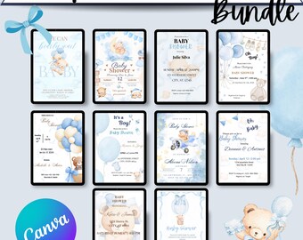 PLR | MRR Digital, Baby Shower Invitations Bundle for Baby Boy, Teddy Bear,