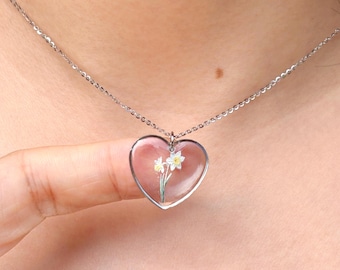 Birth flower narcissus necklace,Decemeber resin floral pendant, Birthday gift for her, 925 sterling silver jewelry